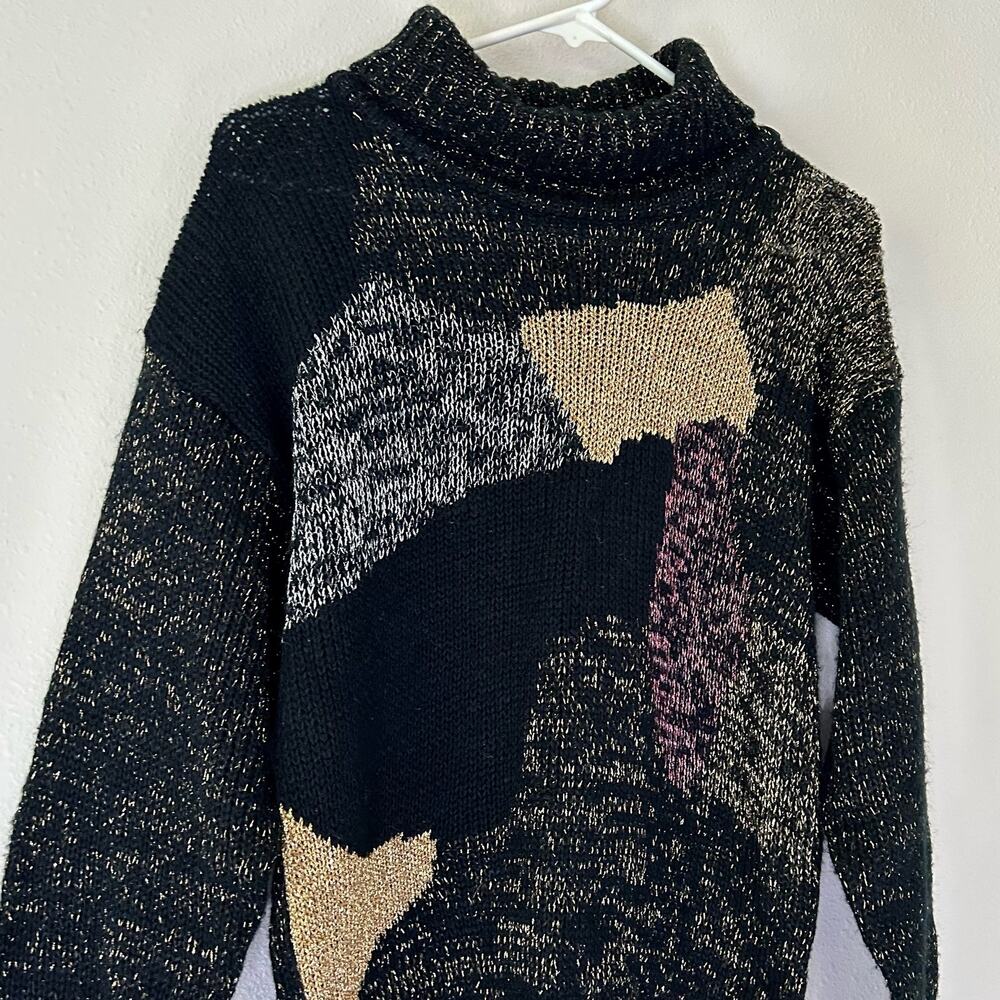 Vintage Metallic Abstract Patchwork Turtleneck Kn… - image 7